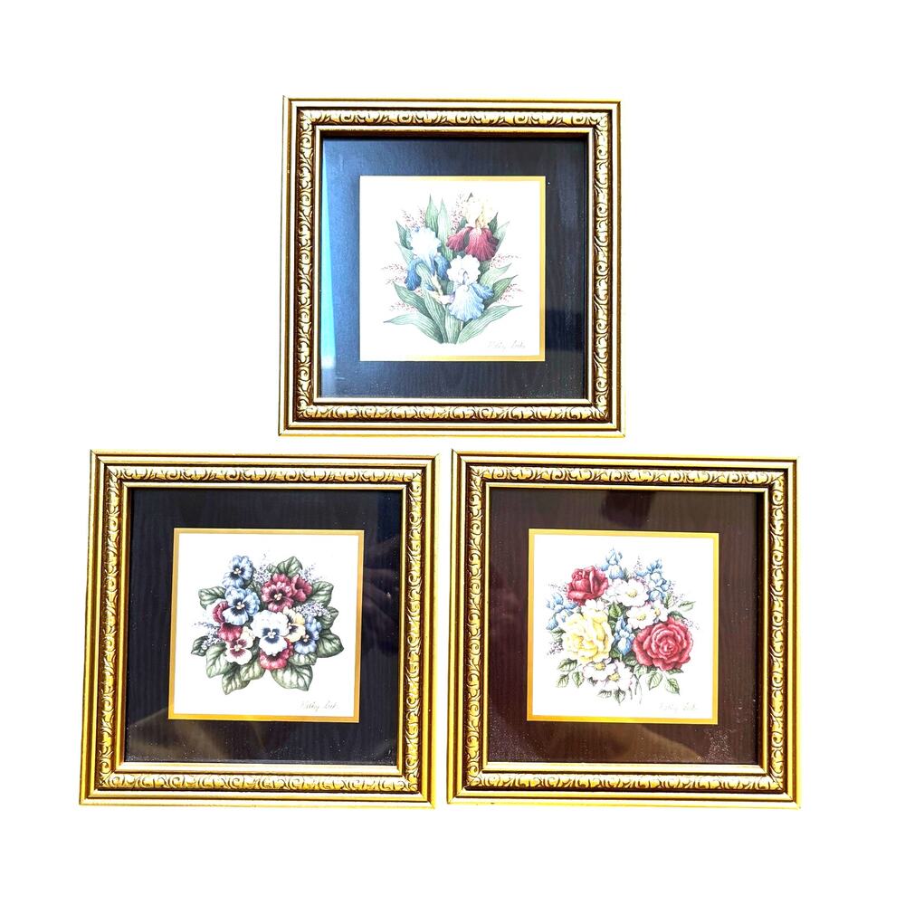 Heartfelt Collection floral prints (3) by Kathy Seek matted & gold wood frames